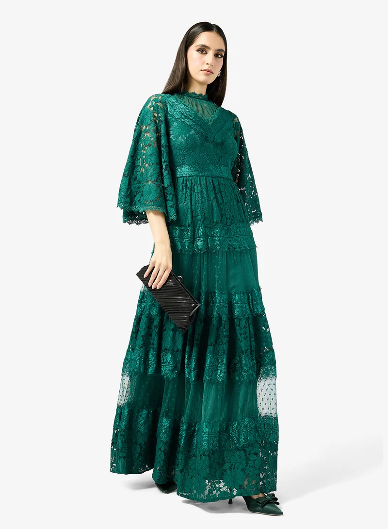 Frock And Frill emerald green Laced Bell Sleeve Maxi Dress for Women | Best Price UAE